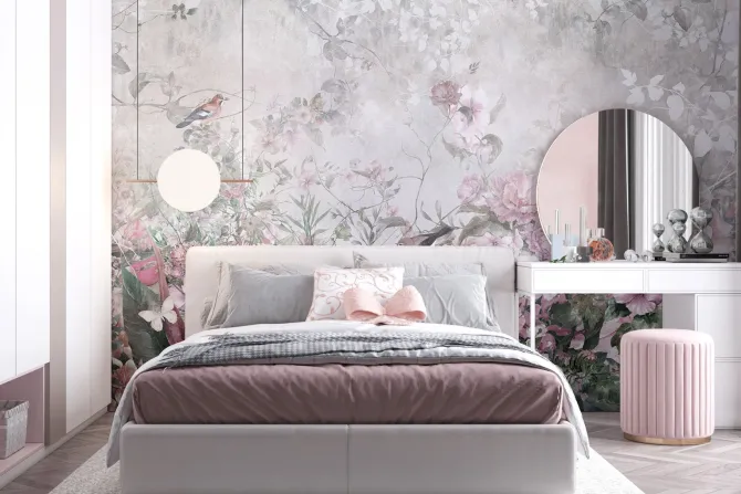 Fototapeta: Pastelowe kwiaty ptaki i motyle