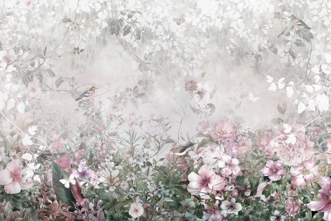 Fototapeta: Pastelowe kwiaty ptaki i motyle