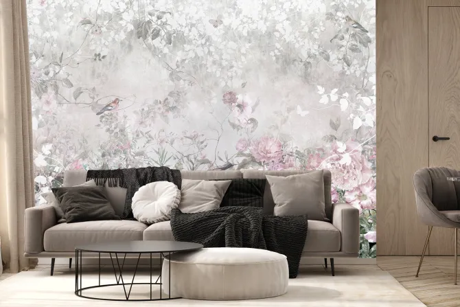 Fototapeta: Pastelowe kwiaty ptaki i motyle