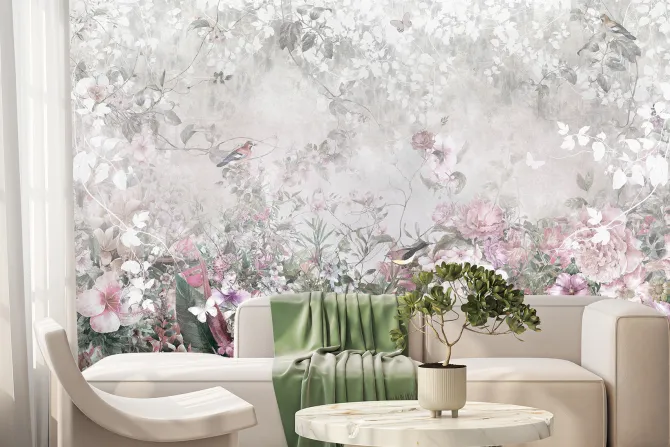 Fototapeta: Pastelowe kwiaty ptaki i motyle