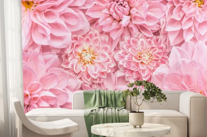 Fototapeta: Pastelowe różowe kwiaty tło, widok z góry, układ lub kartkę z