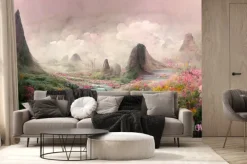 Fototapeta: Pastelowy krajobraz z rzeką i łąką pełną kwiatów