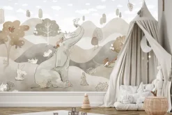 Fototapeta: Pastelowy krajobraz z uroczym słonikiem i zajączkami