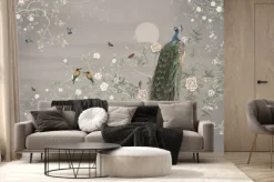 Fototapeta: Paw wróble motyle i orientalne kwitnące krzewy