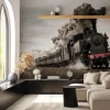 Fototapeta: Pędząca lokomotywa parowa po torach