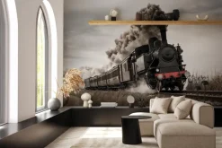 Fototapeta: Pędząca lokomotywa parowa po torach