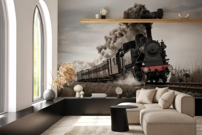 Fototapeta: Pędząca lokomotywa parowa po torach