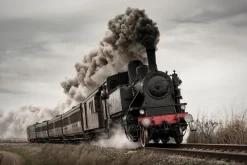 Fototapeta: Pędząca lokomotywa parowa po torach