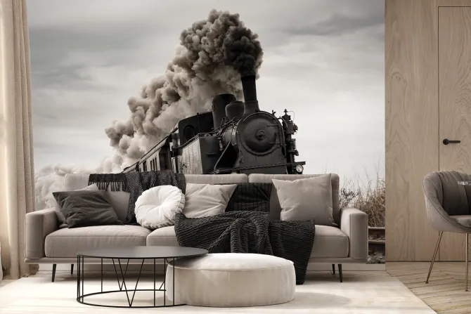 Fototapeta: Pędząca lokomotywa parowa po torach