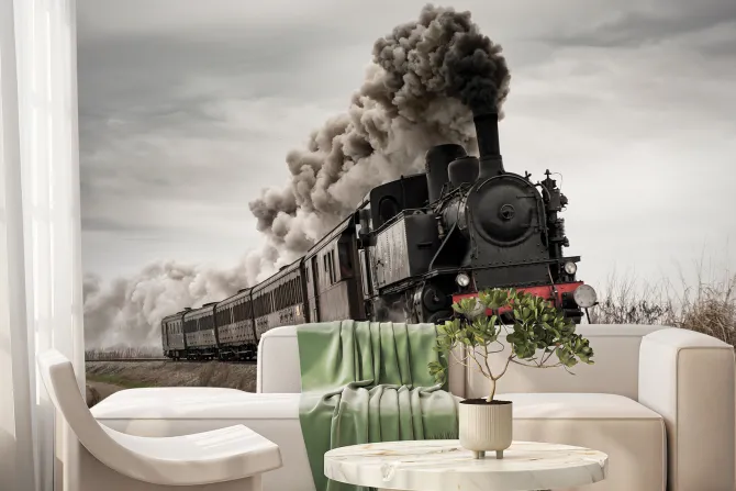 Fototapeta: Pędząca lokomotywa parowa po torach