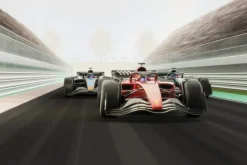 Fototapeta: Pędzące wyścigówki na torze na tle palm