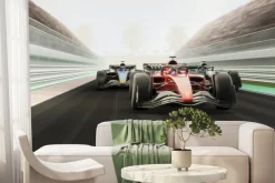 Fototapeta: Pędzące wyścigówki na torze na tle palm