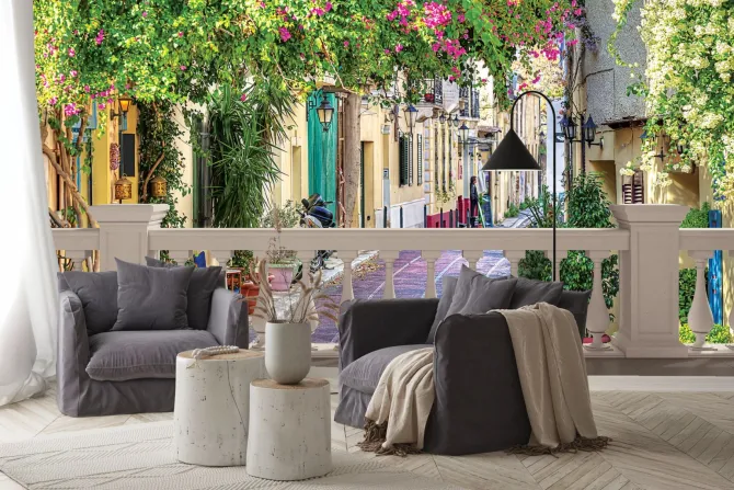 Fototapeta: Pejzaż toskanii z barwną roślinnością i starymi murami