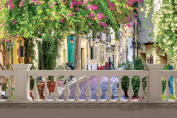 Fototapeta: Pejzaż toskanii z barwną roślinnością i starymi murami