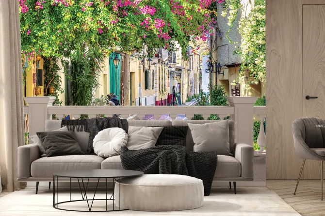 Fototapeta: Pejzaż toskanii z barwną roślinnością i starymi murami