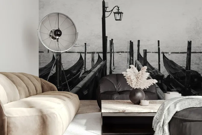 Fototapeta: Pejzaż wenecji o poranku z mgłą i gondolami