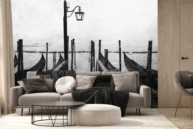 Fototapeta: Pejzaż wenecji o poranku z mgłą i gondolami