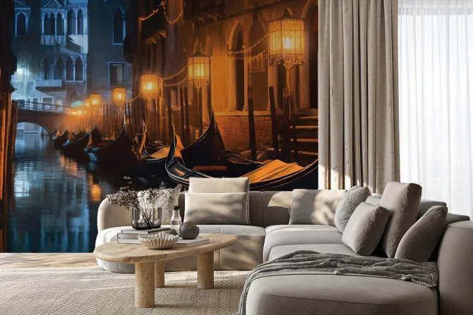 Fototapeta: Pejzaż weneckich kamienic z łódkami