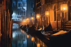 Fototapeta: Pejzaż weneckich kamienic z łódkami