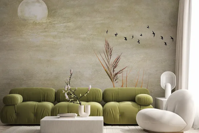 Fototapeta: Pełnia księżyca ptaki i trawa na tle betonu