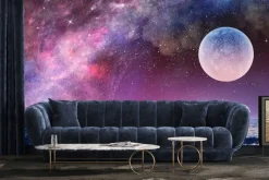 Fototapeta: Pełnia księżyca z gwieździstym niebem nad oceanem