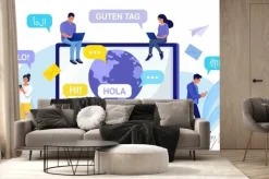 Fototapeta: People chatting in foreign languages, using laptop, phone. multilingual