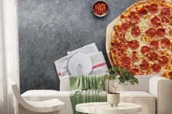 Fototapeta: Pepperoni pizza on wooden serving board shot top down with copy