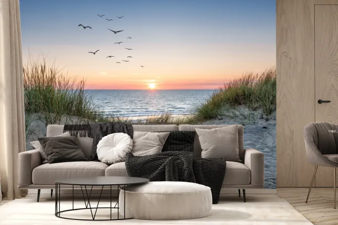 Fototapeta: Piaszczyste wydmy nad morzem i zachód słońca