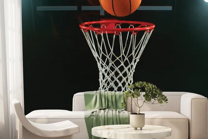 Fototapeta: Piłka koszykarska wpadająca do kosza