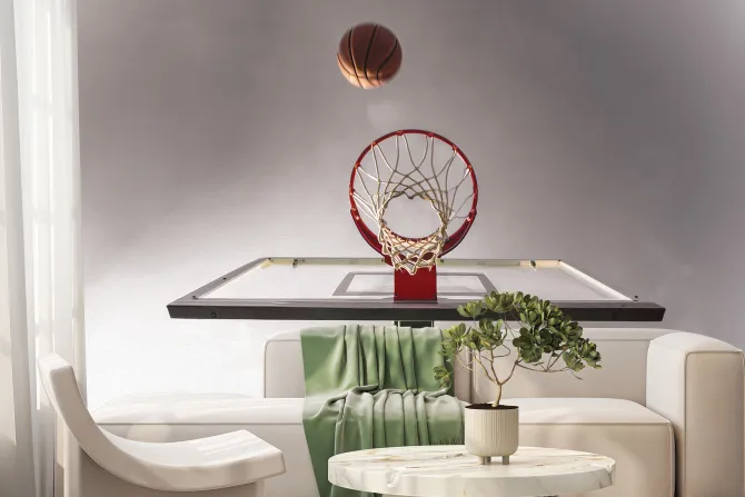 Fototapeta: Piłka lecąca do kosza na tle nieba