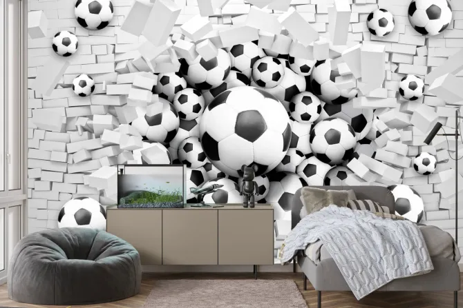 Fototapeta: Piłka nożna przebijająca mur biała cegła 3d