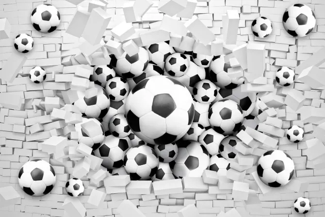 Fototapeta: Piłka nożna przebijająca mur biała cegła 3d