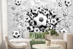 Fototapeta: Piłka nożna przebijająca mur biała cegła 3d