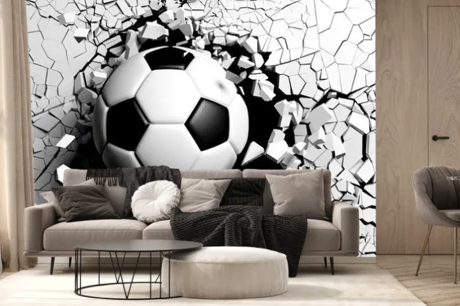 Fototapeta: Piłka nożna przebijająca mur 3d