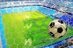 Fototapeta: Piłka nożna w siatce na tle boiska