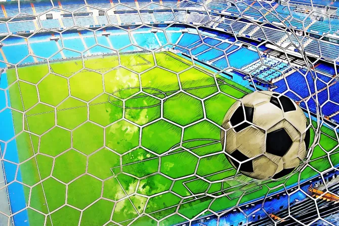 Fototapeta: Piłka nożna w siatce na tle boiska