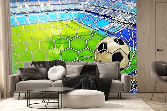 Fototapeta: Piłka nożna w siatce na tle boiska