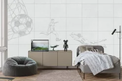 Fototapeta: Piłka nożna w siatce i piłkarze na teksturowym tle