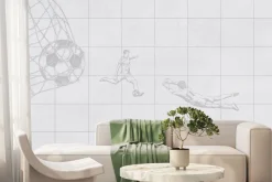 Fototapeta: Piłka nożna w siatce i piłkarze na teksturowym tle