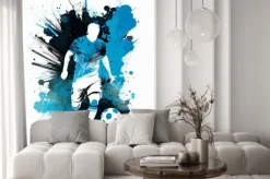 Fototapeta: Piłkarz z piłką na tle niebieskich plam ilustracja