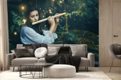 Fototapeta: Piękne leśne nimfy gra na flecie z wróżkami