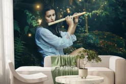 Fototapeta: Piękne leśne nimfy gra na flecie z wróżkami