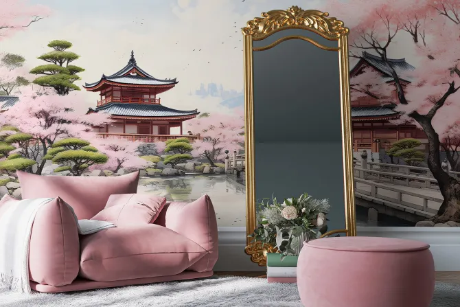 Fototapeta: Piękny japoński krajobraz z kwitnącą wiśnią