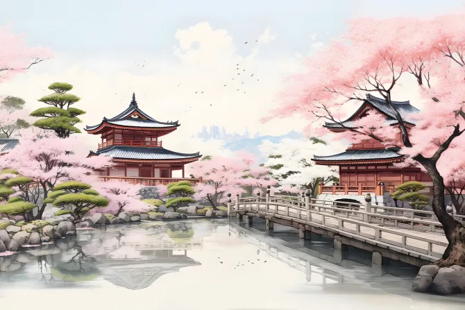 Fototapeta: Piękny japoński krajobraz z kwitnącą wiśnią