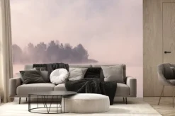 Fototapeta: Piękny mglisty poranek. mgła nad jesieni jeziorem przy wschodu