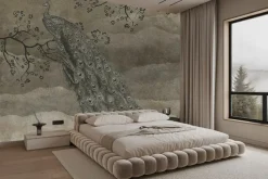 Fototapeta: Piękny paw na gałęzi na brązowym tle z teksturą