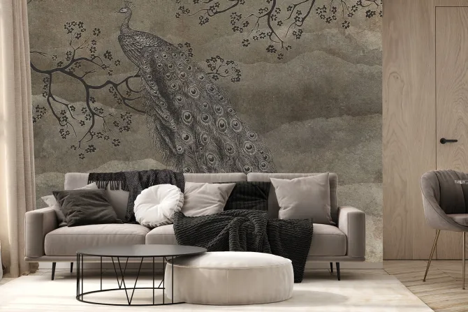 Fototapeta: Piękny paw na gałęzi na brązowym tle z teksturą