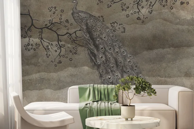 Fototapeta: Piękny paw na gałęzi na brązowym tle z teksturą