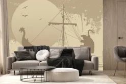 Fototapeta: Piracki statek na morzu na tle księżyca