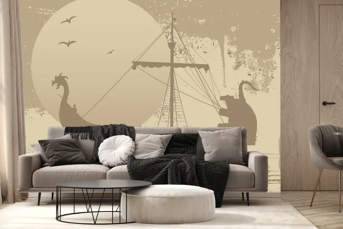 Fototapeta: Piracki statek na morzu na tle księżyca